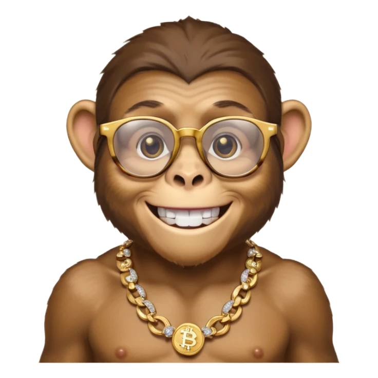 rich monkey (actual monkey, not human looking) with glasses smiling with diamond grillz and a bitcoin golden chain with diamond pearls sticker