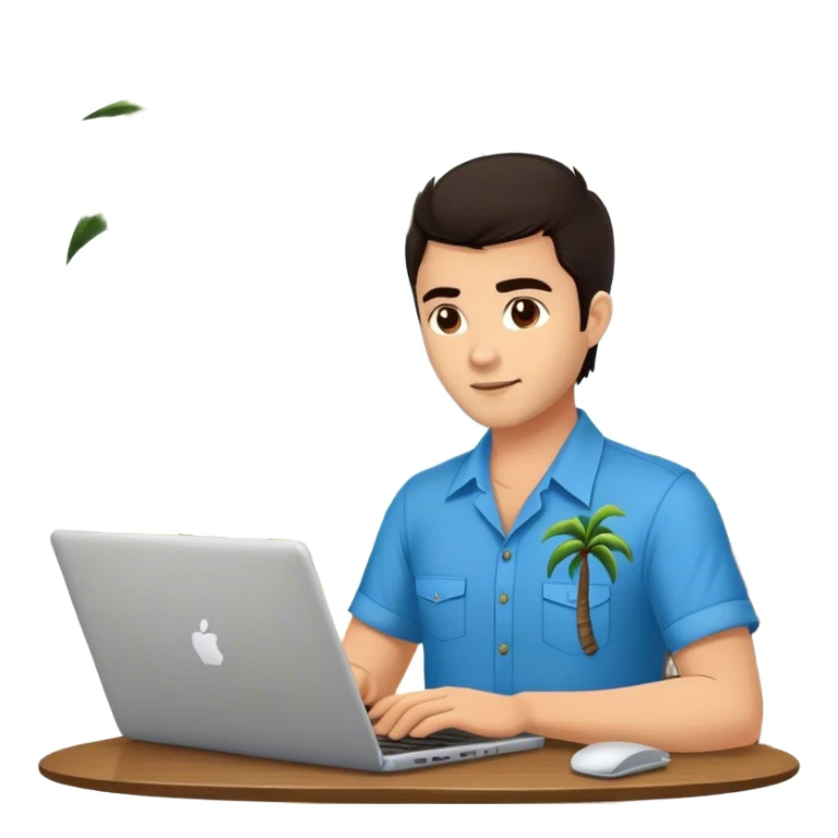 A digital nomad in bali working on a laptop wearing a tropical blue shirt with a palm tree on the side sticker