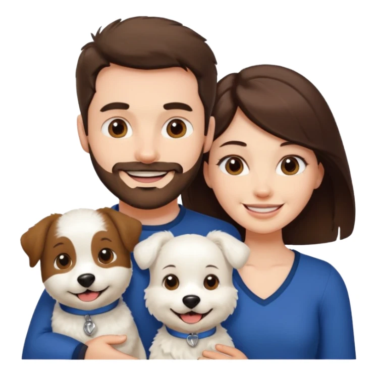 scottish man with stubble, brunette woman and white fluffy dog sticker