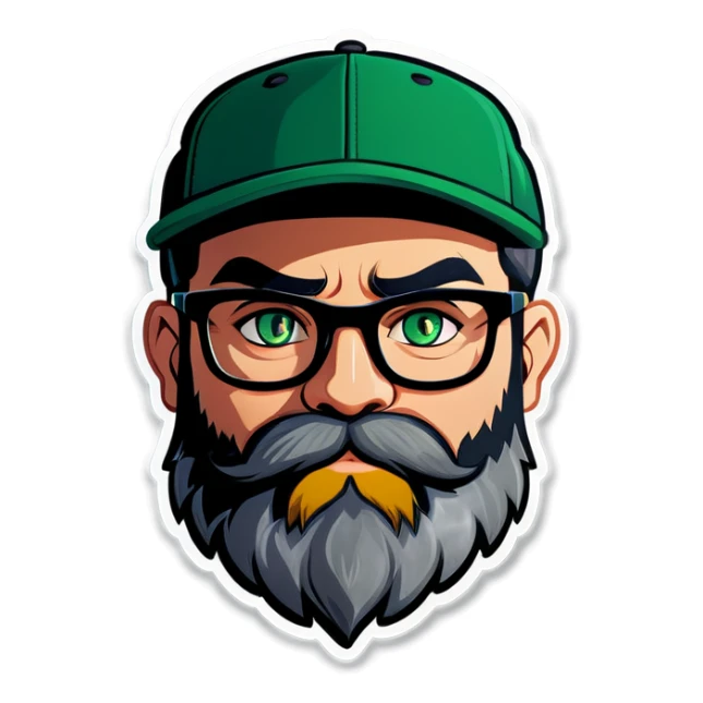 A bold man with a grey baseball cap, green eyes, big beard and glasses holding a black cat sticker