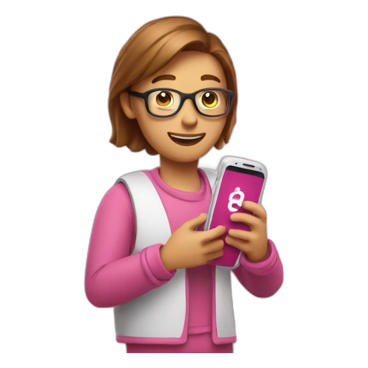 holding a smartphone with big pink subscription mark on the screen sticker