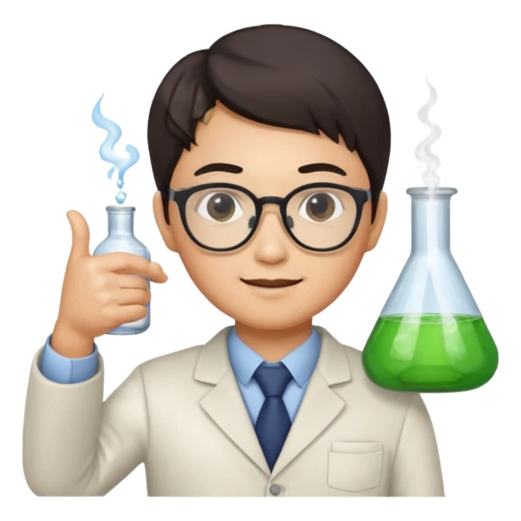 asian chemistry teacher wearing glasses holdin a flask pointing right sticker