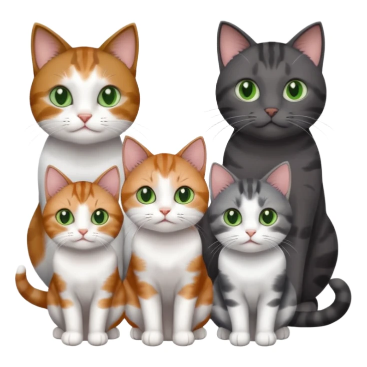 4 different coloured small cats including a dark grey and white, and a patchy calico, and a brown tabby and white,  and a completely solid dark grey with green eyes and only white paws sticker