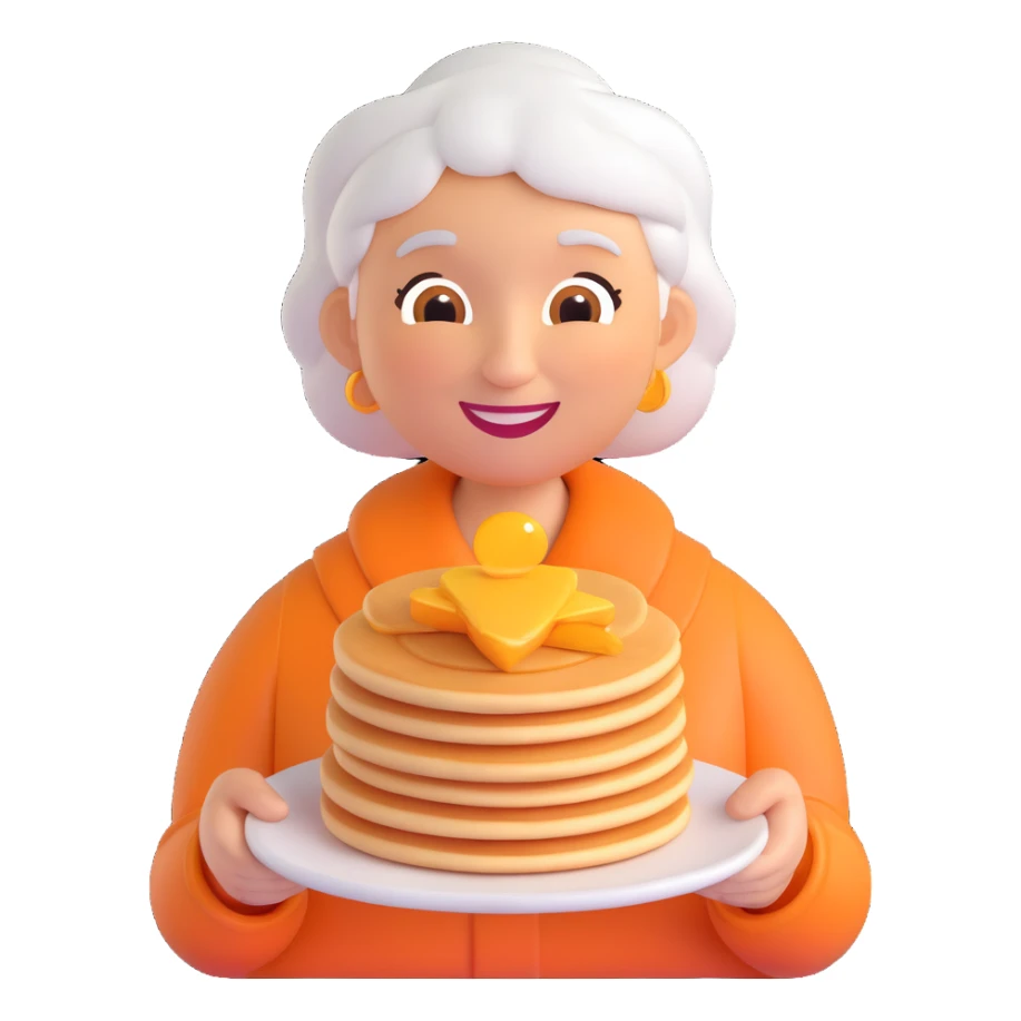 3D smiley emoji, round shape, grandmother with pancakes, orange color, smiling face sticker