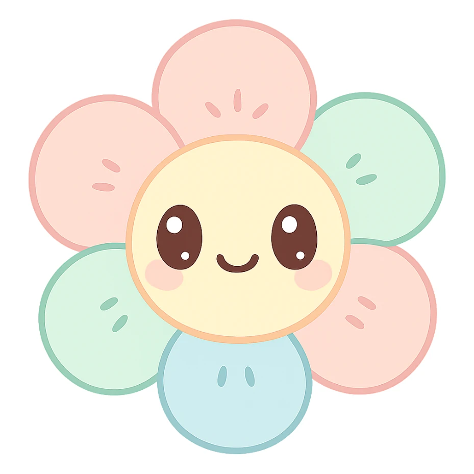 a kawaii plush flower, chubby petals, embroidered details, and a happy face sticker