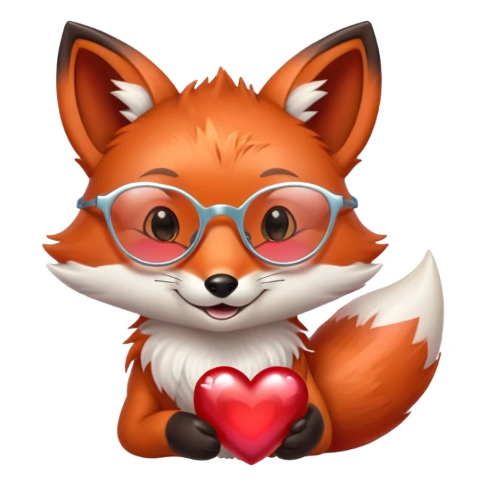 A dreamy fox with iridescent fur, a glowing tail, a silver star on its forehead, and round glasses, hugging a big red heart and smiling warmly sticker