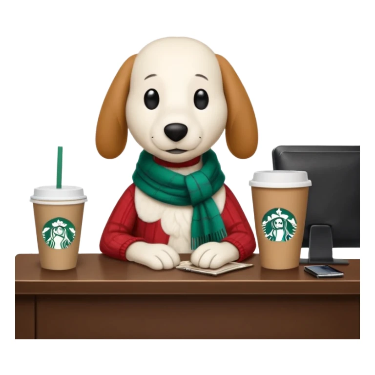 snoopy in a desk with starbucks and his chanel purse sticker