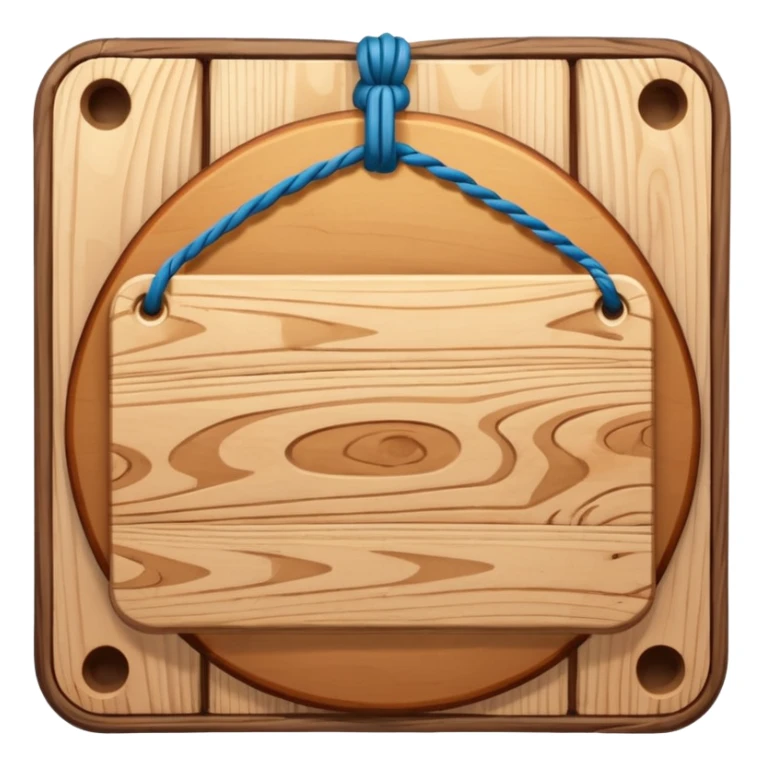 3D cartoon style wooden hanging signboard, smooth polished wood texture, rounded edges, detailed wood grain, thick twisted ropes going through holes on both sides, hanging rope knots visible sticker