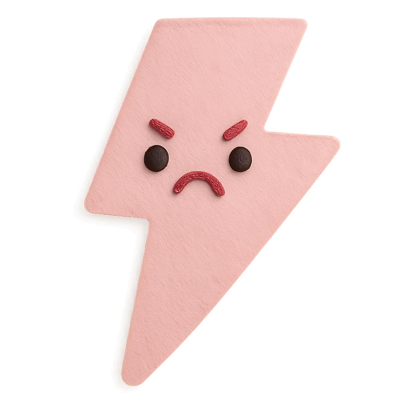 soft pastel pink lightning bolt with cute angry pout, no arms, no legs, full body, soft pastel kawaii paper craft style sticker