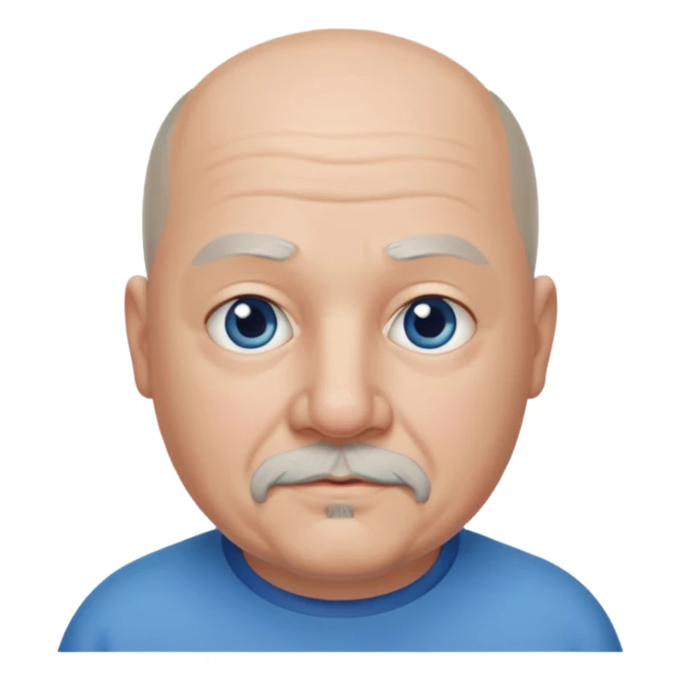 75, goatee, bald, grey side hair, chubby, blue eyes, chin hair sticker
