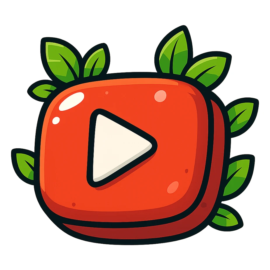 plump, vibrant, cartoon-style YouTube logo, bold outline, expressive shadows, glossy highlights, decorated with bright leaves around the logo, no background sticker