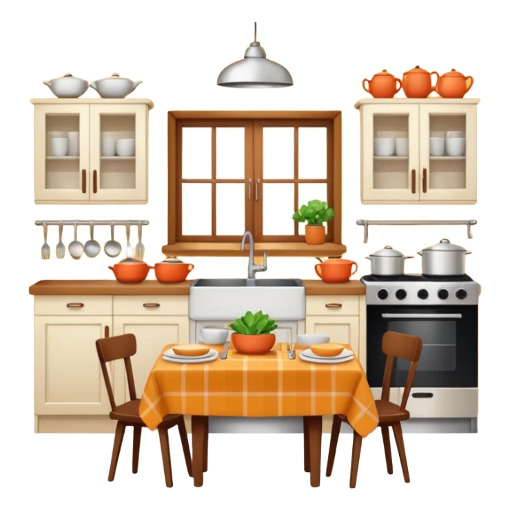 A cozy home kitchen in clean emoji-style illustration. Warm colors, simple shapes, homemade dishes on the counter, friendly atmosphere, flat design, high contrast, clear outlines. sticker