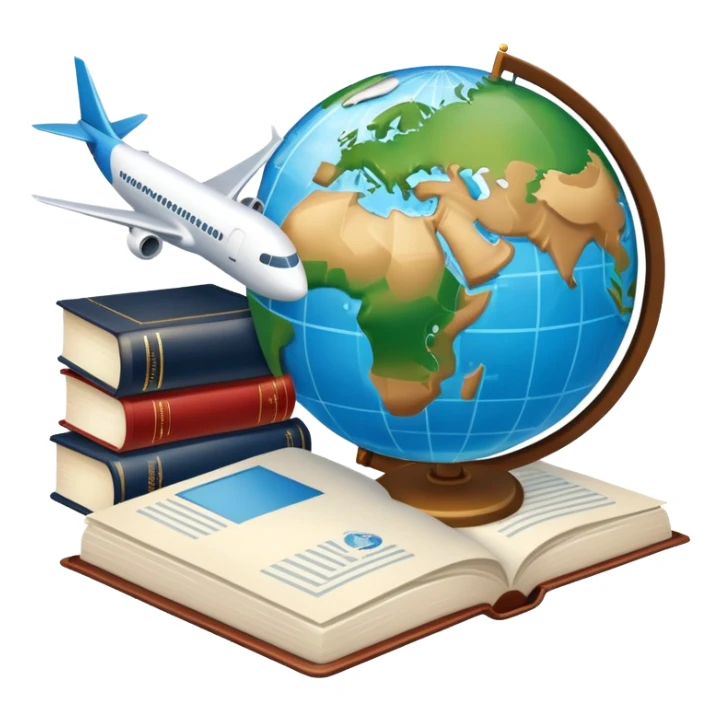 An icon featuring a hotel building, a globe, books, documents, and an airplane, symbolizing the study of tourism and hospitality. The design highlights the global travel industry, with elements of research, planning, and international travel. Transparent background. sticker