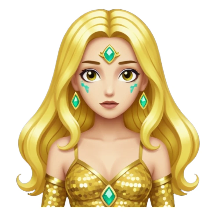 Hera from Lore Olympus with long gold hair, gold sequin outfit sticker