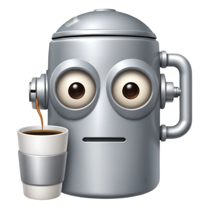 A sleepy robot with droopy eyes holding a coffee mug, looking exhausted sticker