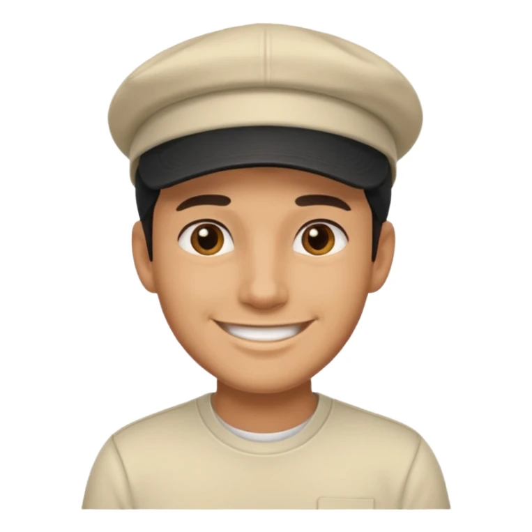 smiling man in cream shirt with black cap sticker