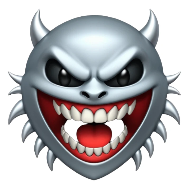 Stylized emoji icon of metallic teeth with sharp fangs, chrome texture, dark shadows, aggressive look sticker