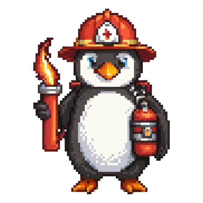 penguin firefighter with helmet and fire hose sticker