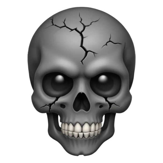iOS style emoji, dark fantasy skull, cracks, black smoke from eyes, soft light, stylized sticker