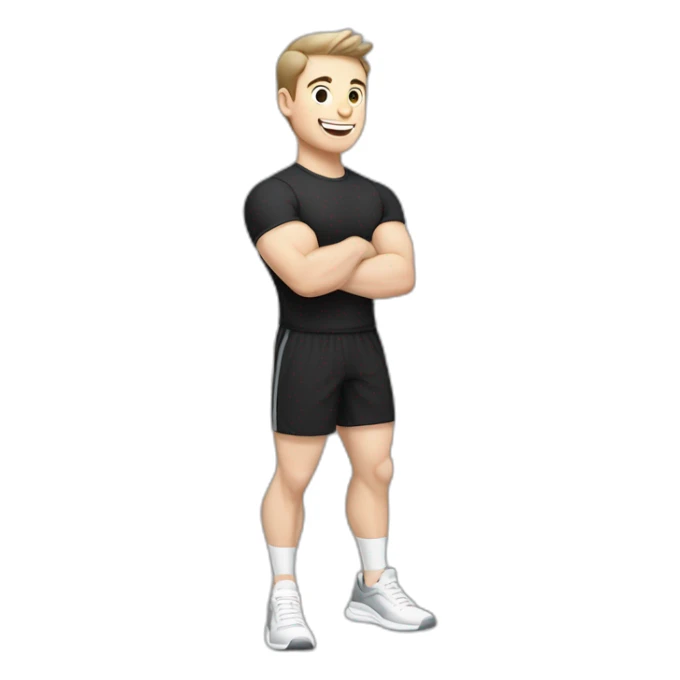 Joyful Celebrating victory Pale skinned Fit Man With the biceps and dark brown hair in black shirt, gray sports shorts and white Sneakers sticker