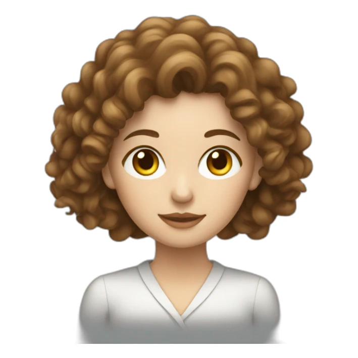 White woman with long curly brown hair working on a laptop sticker