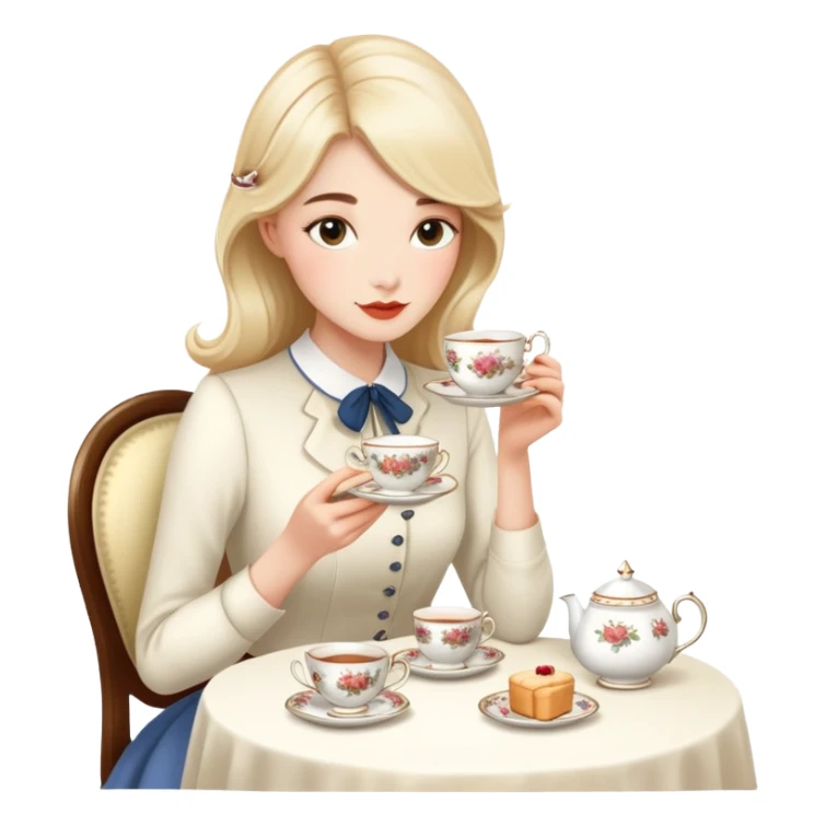 Elegant British girl drinking afternoon tea with scones and teacup, proper posture sticker