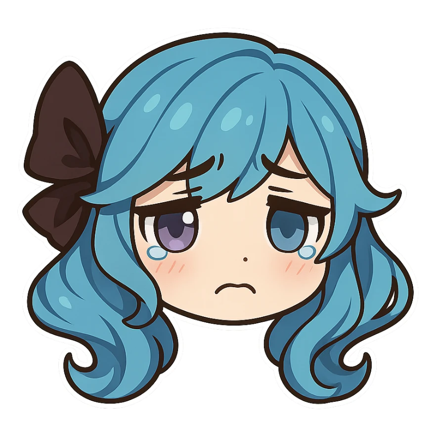 Gwen from League of Legends, chibi style, only head, borderless, right eye purple, both eyes same size, sad emote 2 sticker