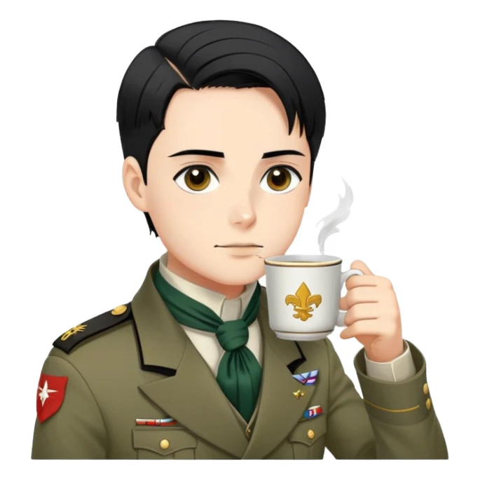 Levi Ackerman drinking tea, with black undercut hair, Scout Regiment uniform and cravat sticker