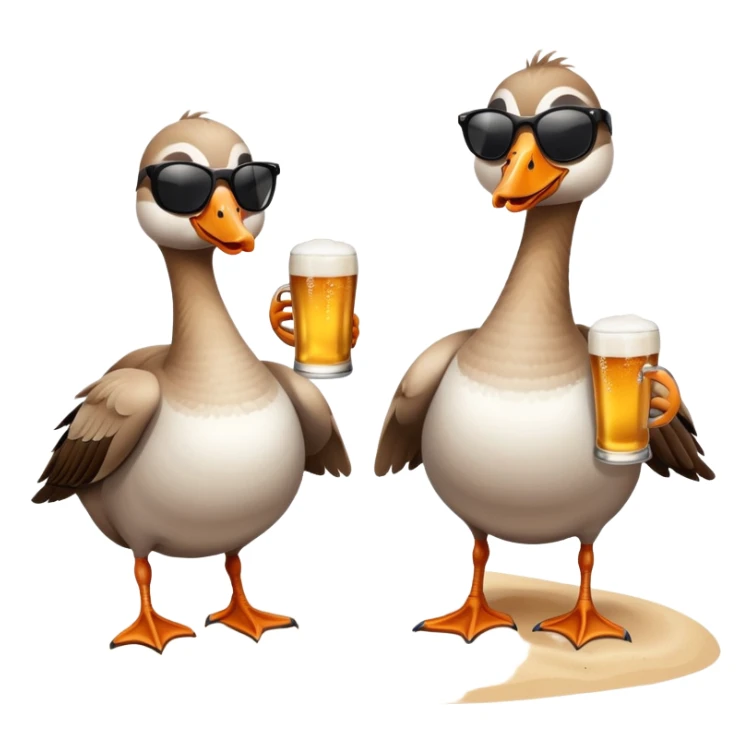 Two geese sunbathing on the beach wearing sunglasses drinking beers. You can tell they’re on the beach by the ocean  sticker