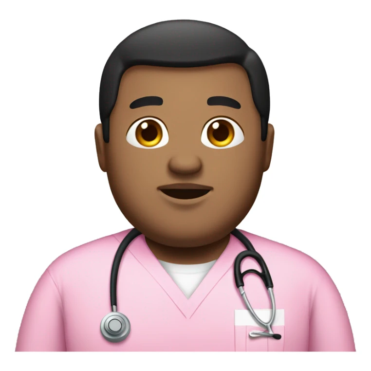 Chubby man with black straight hair wearing a pink nurse scrub sticker