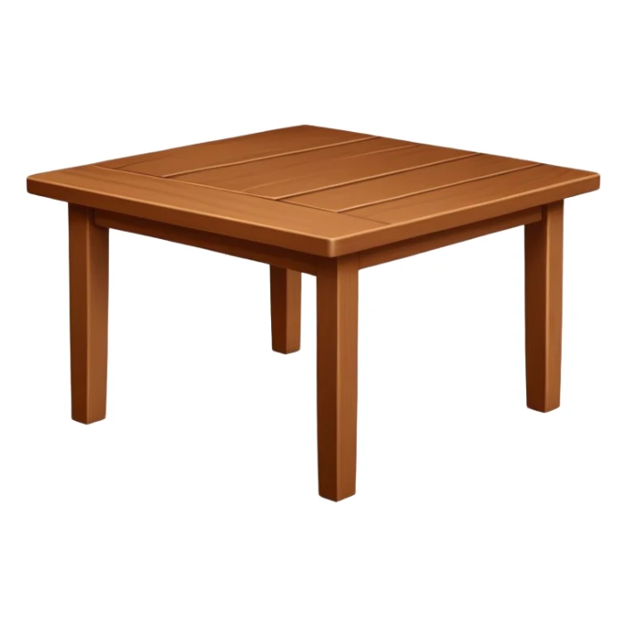 Generate a 3D wooden table in the same style as the referenced chair image: warm brown wood, subtly textured, slightly angled perspective, clean edges, realistic but minimal shading, on a transparent or plain white background. Keep the design simple and clearly readable at small sizes, similar to an emoji. sticker