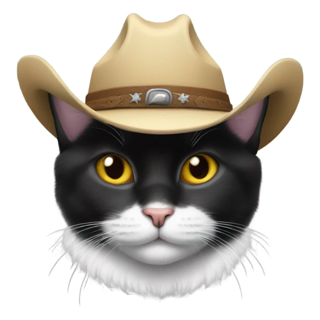 Black and white Manx cat with a cowboy hat sticker