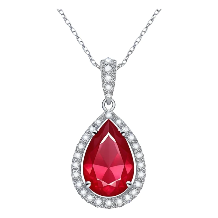 teardrop ruby pendant with silver chain, white stones, and glowing aura of passion sticker