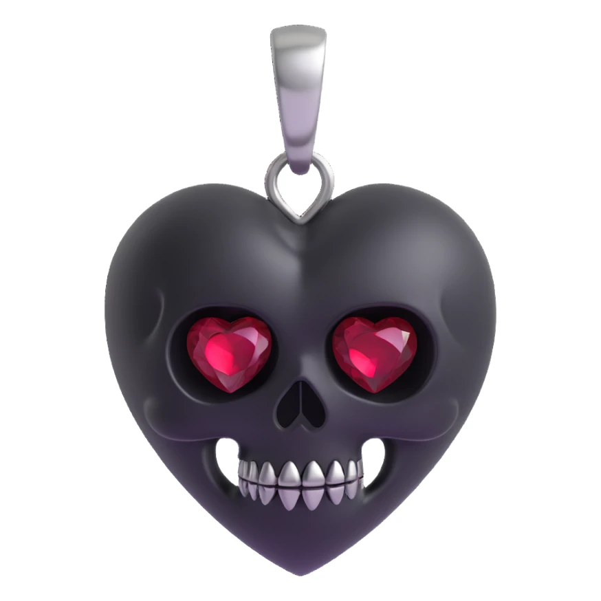 3D emoji gothic heart, black satin texture, silver skull charm, deep red gemstone sticker