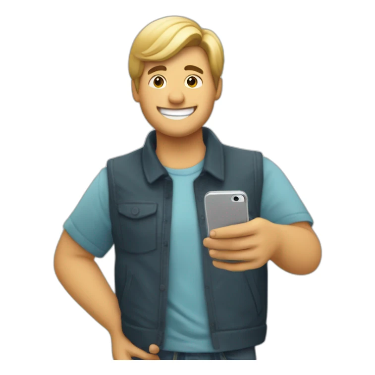 Chico blanco feliz con su teléfono en la mano  sticker