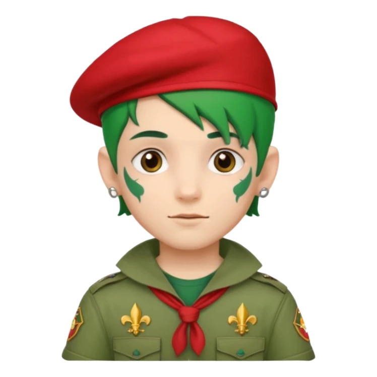 scout boy face tatooes green haired, wearing red uniform with hat sticker