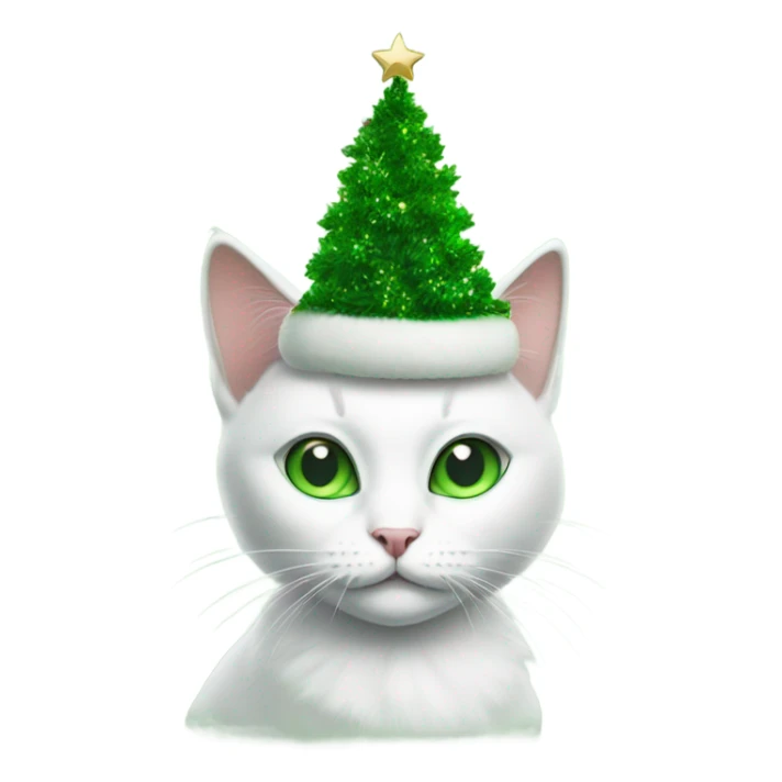 White cat green eyes wearing a green Christmas tree hat sticker