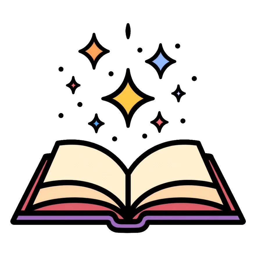 Colorful open book with magical sparkles floating above the pages sticker