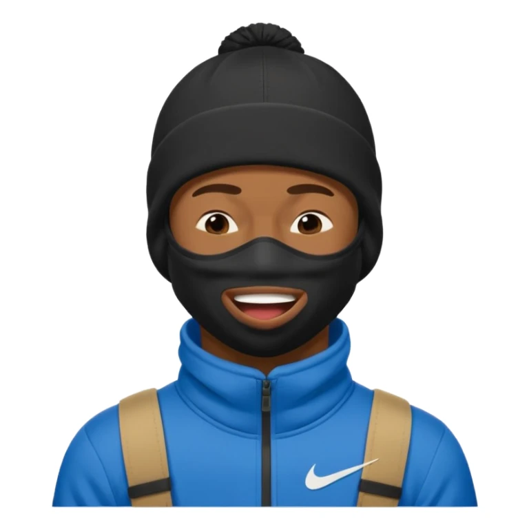 black guy with nike ski mask on squinching his face trying to hold his laugh with his eyes closed sticker