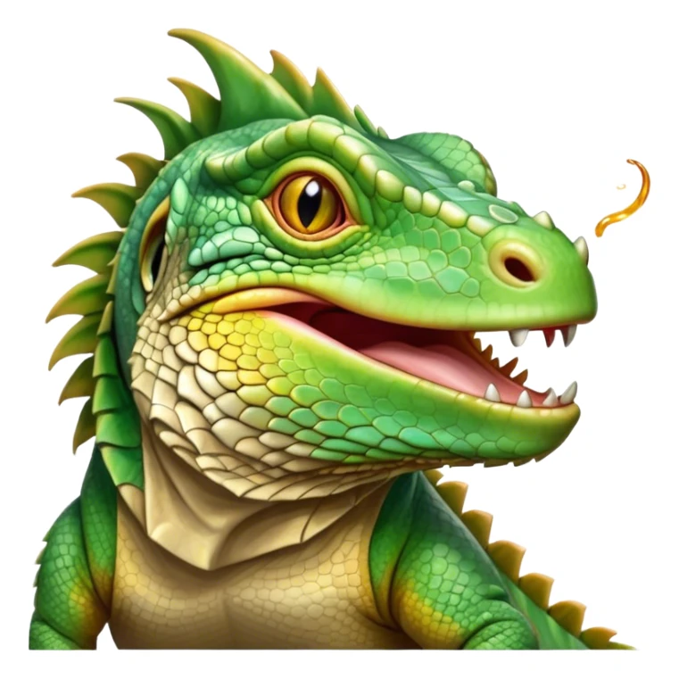 Cinematic Realistic Cute Yawning Iguana Portrait Emoji, Head tilted slightly with a dramatic, wide-open yawn, showcasing a soft, textured green-scaled face with gently drooping features and half-closed, drowsy amber eyes, rendered with natural detail and subtle shadows, high shine, relaxed yet expressive, styled with a dash of tropical charm, soft glowing outline, capturing the essence of a sleepy yet affectionate iguana that appears ready to stretch out and enjoy a peaceful nap! sticker