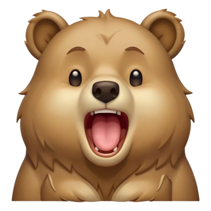 Cinematic Cute Yawning Bear Portrait Emoji, Head tilted slightly with a dramatic, wide-open yawn, showcasing a soft, plush dark brown fur with drooping ears, round eyes barely open in drowsy contentment, Simplified yet irresistibly adorable features, highly detailed, glowing with a soft, cozy glow, high shine, relaxed yet expressive, stylized with a touch of woodland charm, bright and endearing, soft glowing outline, capturing the essence of a sleepy yet affectionate bear, so drowsy it feels like it could lumber out of the screen and curl up for a nap! sticker