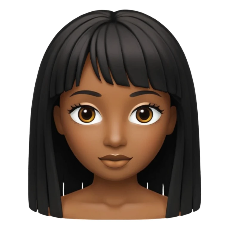 crie um icon no estilo memoji da apple de uma garota parda com cabelo preto abaixo do ombro e franja na altura dos olhos, sobrancelhas pretas, olhos castanhos escuro com delineado preto, nariz afinado, lábios grossos com batom preto e colar preto com um pingente de morcego sticker