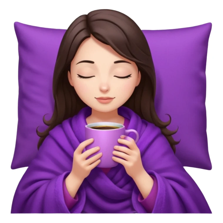 girl brunette inside a violet blanket sipping coffee from pink mug eyes closed sticker