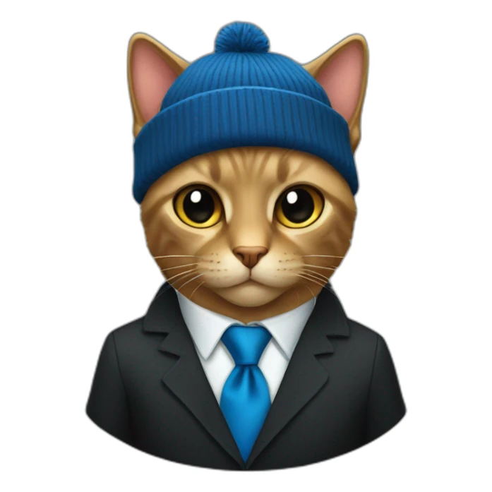 A black cat wearing a blue tie and black beanie  sticker