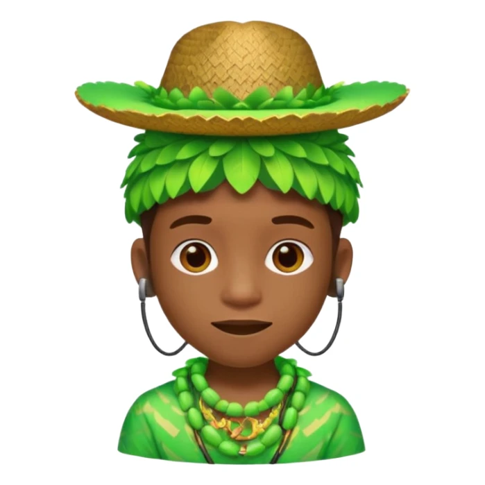 Create me an emoji of a cool Young Nigerian prince wearing a neon green gradient African patterns with  a "hula hat" (a Nigerian-inspired hat) and wearing earpods. sticker