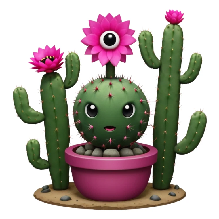 Cactus is a spherical dark green cactus with several white spikes protruding out of its surface, it has 2 eyes with huge pupils and highlights above it is a bright pink flower. Behind the Cactus is a stem holding a smaller cactus base appearing as a catapult sticker