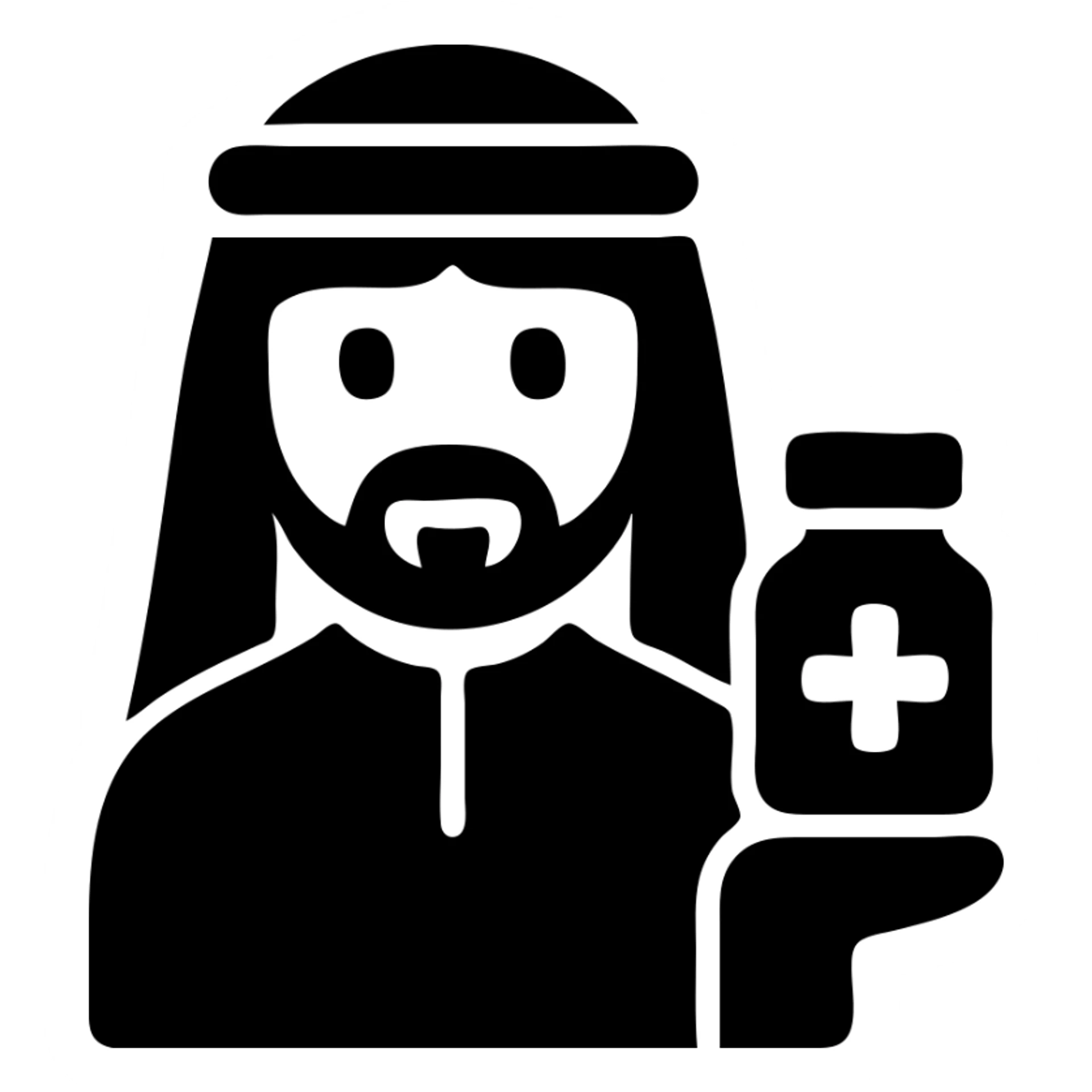 Arab man with traditional headdress holding medicine bottle sticker