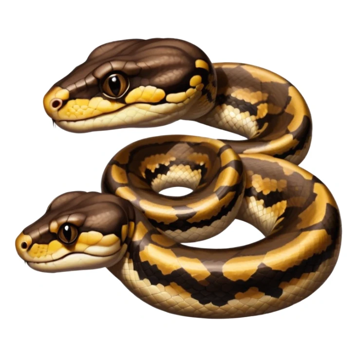 A photo-realistic digital illustration of a Ball Python, large headshot portrait. The snake has a short, rounded snout and smooth, soft contours, with a gentle, inquisitive expression that gives it a slightly playful charm. Its head is warm brown with bold, irregular dark markings. sticker