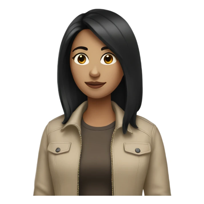 A girl with medium black hair wears a beige jacket sticker