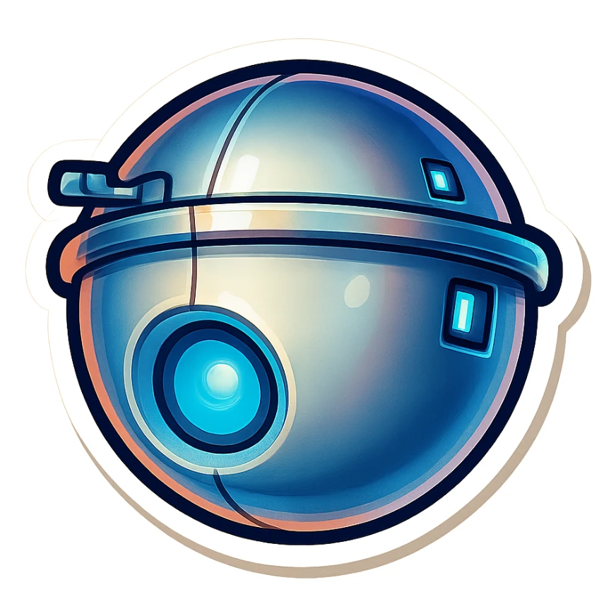 Render this spherical robot in retro stickers style, with bold outlines and vibrant colors, emphasizing a playful and nostalgic look typical of retro stickers. sticker